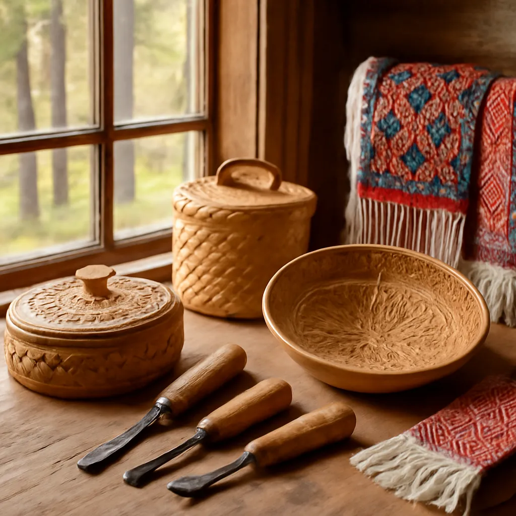 Artisanat traditionnel komi : ceinture tissée à motifs géométriques et objets en bois de bouleau dans un village de taïga
