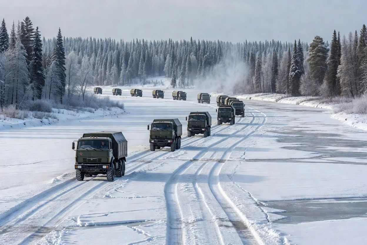 Convoi de camions de ravitaillement traversant un fleuve gelé sur une route de glace en Sibérie orientale