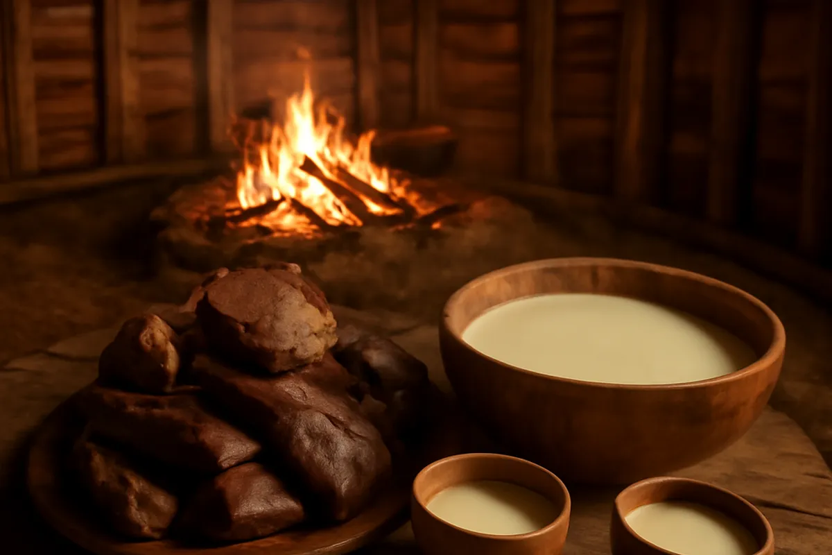 Repas rituel sibérien avec viande fumée et boisson fermentée dans une yourte traditionnelle