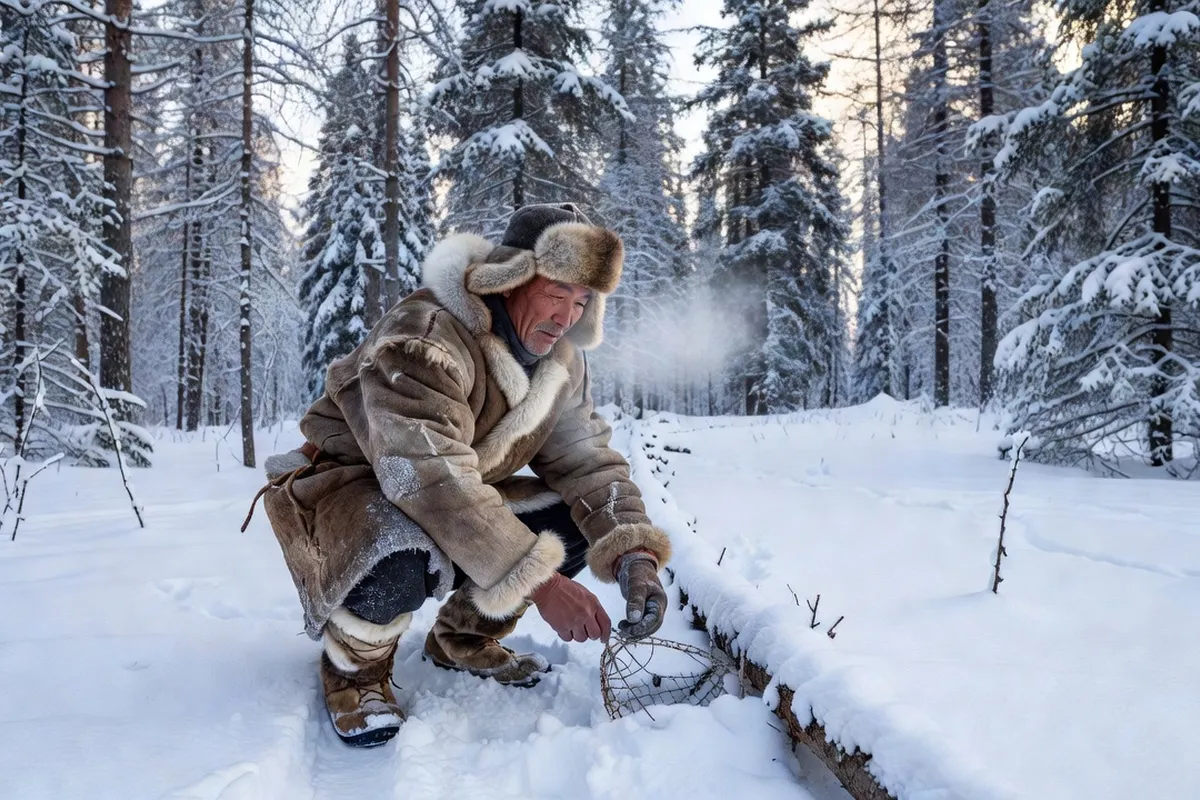 Chasseur évenk vérifiant ses pièges dans la taïga sibérienne enneigée en hiver