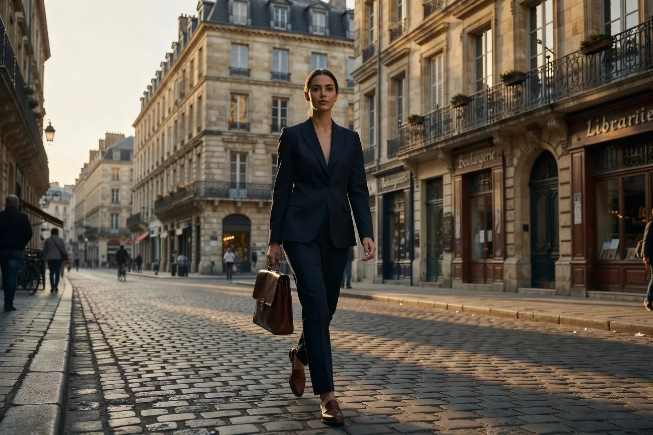 Femme professionnelle dans les rues de Bordeaux, France, photographie de rue cinématographique