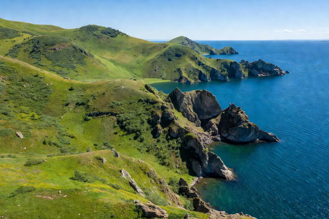 Île Olkhon au lac Baïkal en été : collines verdoyantes rencontrant l'eau bleue profonde, falaises rocheuses