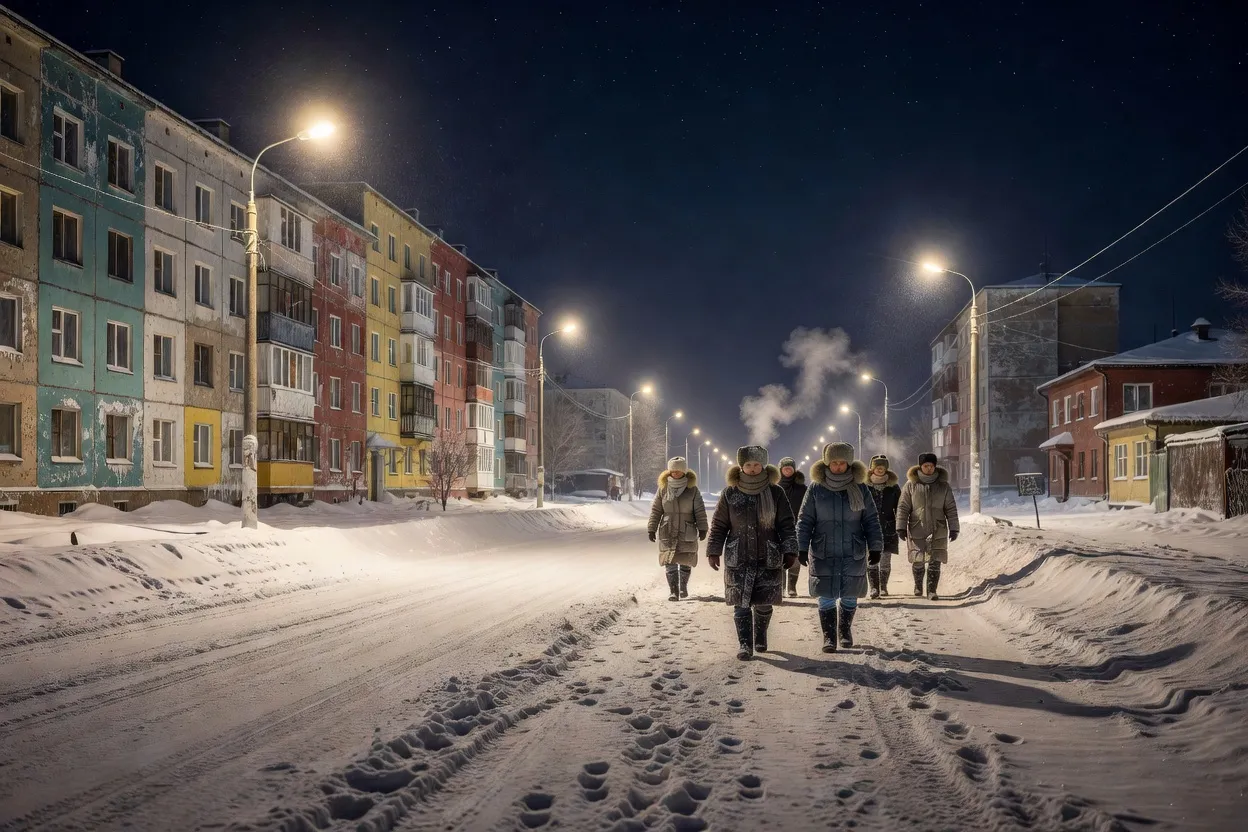 Habitants de Norilsk marchant dans une rue enneigée en hiver, entre immeubles soviétiques colorés