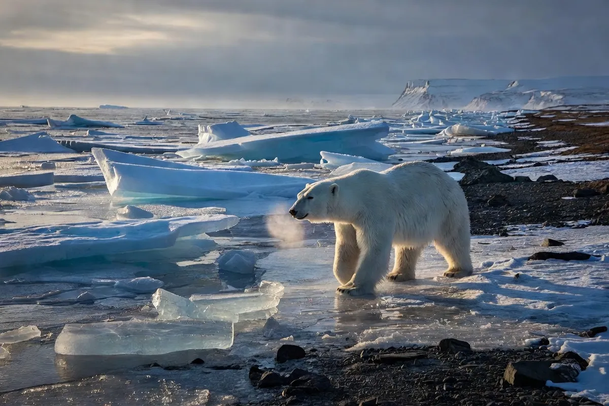 Ours polaire marchant le long de la banquise fracturee sur la cote arctique russe