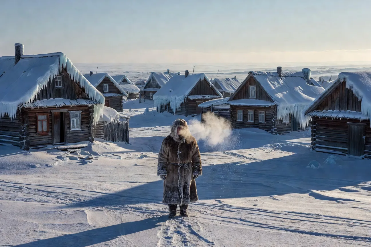 Habitant d'Oymyakon en vêtements traditionnels de fourrure par -40°C, souffle visible dans l'air arctique