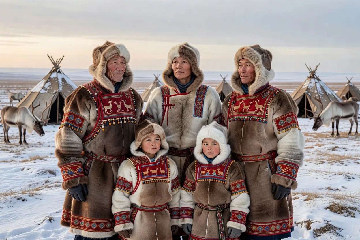 Vêtements traditionnels en fourrure de renne des Nenets, parka malitsa et bottes exposées dans un campement de la toundra de Yamal
