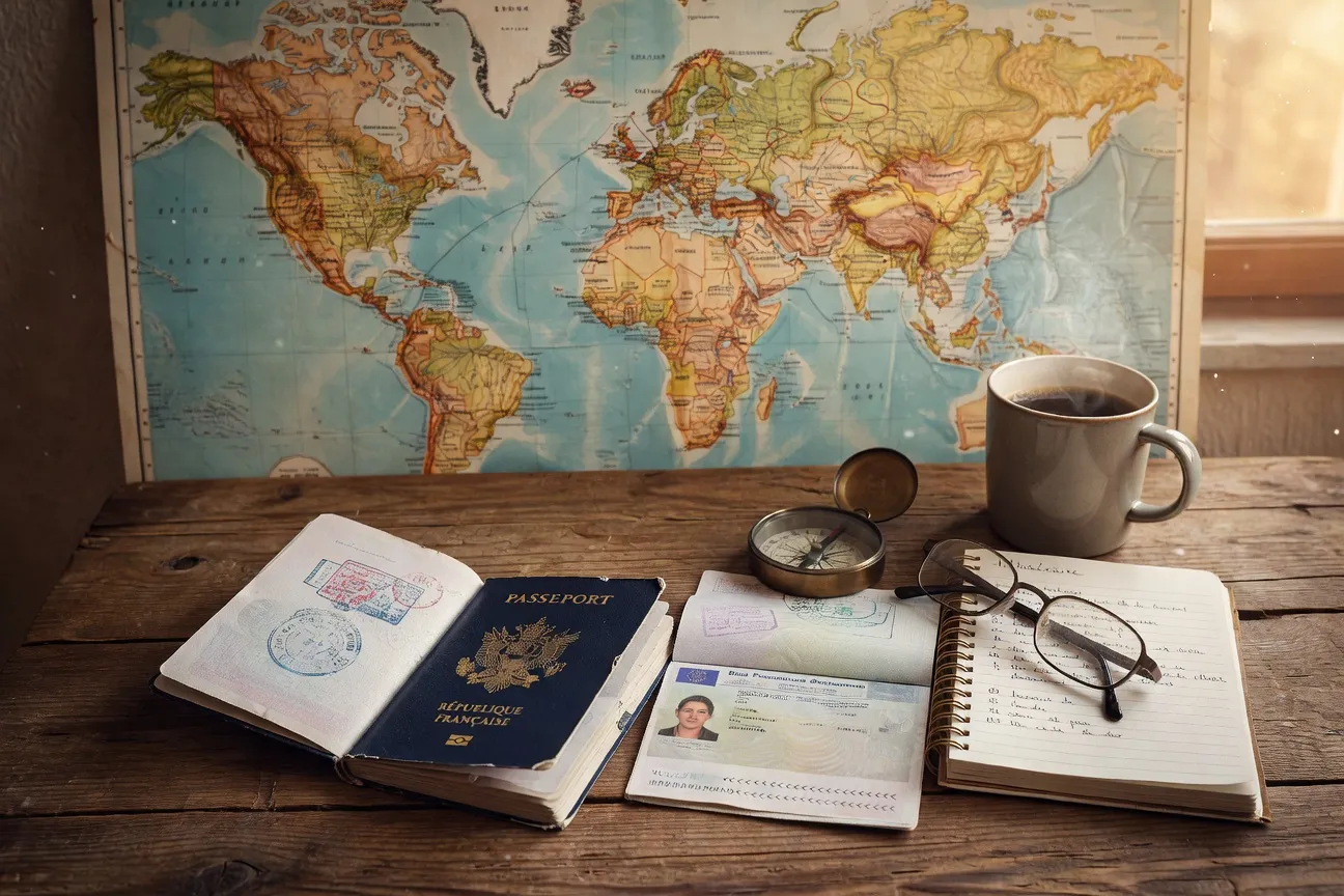 Passeport français et documents de visa russe sur une table en bois, planification de voyage
