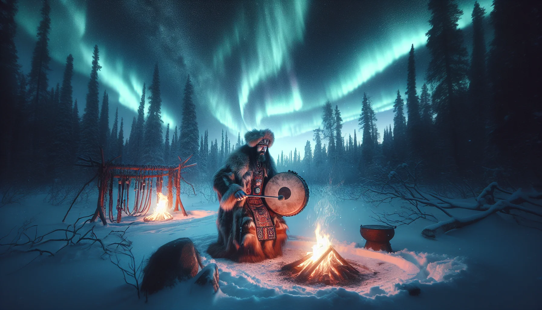 Chamane siberien pratiquant un rituel dans la taiga enneigee