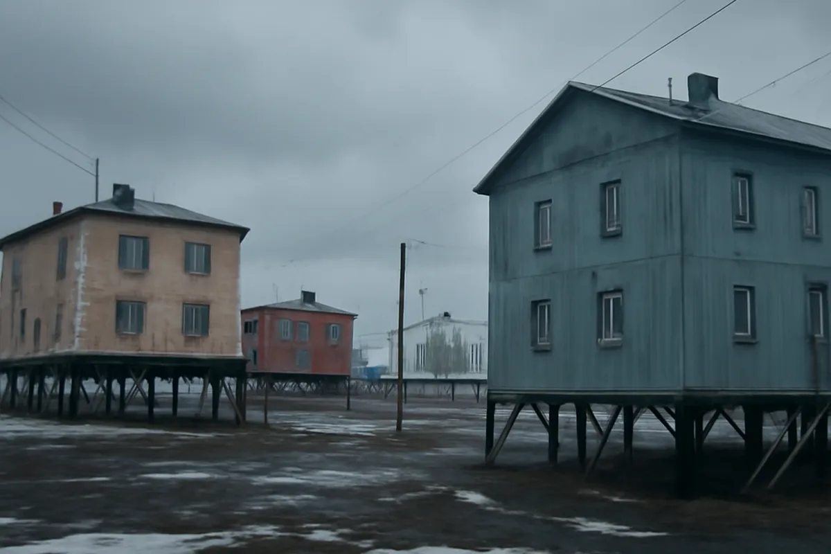 Ville arctique russe avec bâtiments sur pilotis pour protéger les fondations du dégel du permafrost
