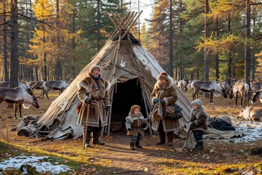 Chasseur évenk traditionnel dans la taïga sibérienne orientale