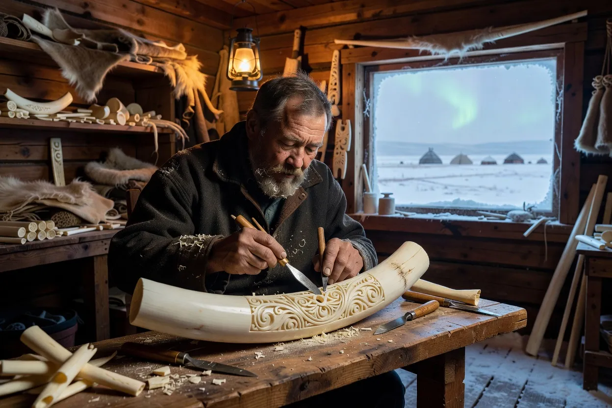 Artisan sculptant l'ivoire de mammouth dans un atelier traditionnel du Grand Nord russe