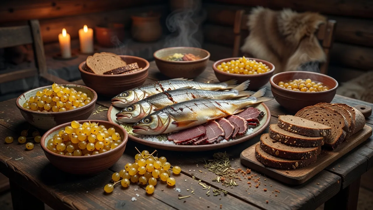 Table de cuisine traditionnelle du Grand Nord russe avec stroganina et soupe de renne