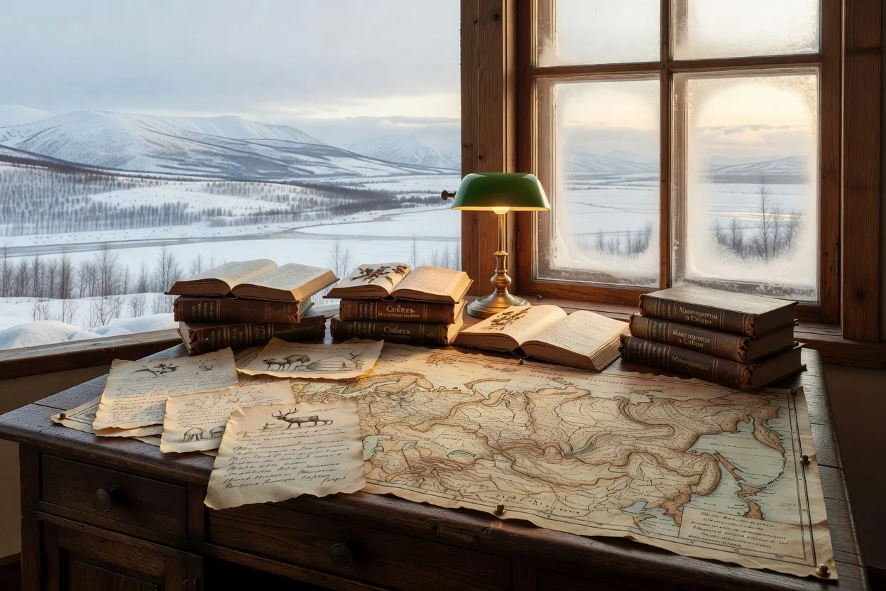Livres et manuscrits sur la Sibérie posés sur un bureau d'écrivain