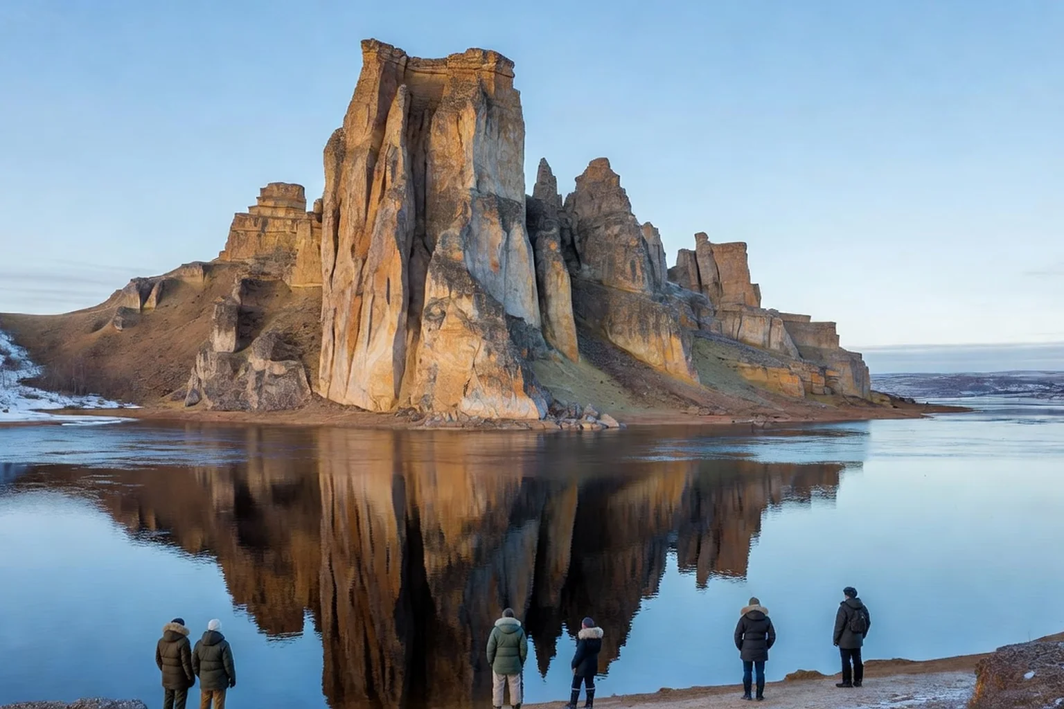 Colonnes de la Lena, falaises verticales de calcaire ocre se reflétant dans l'eau calme du fleuve, visiteurs au premier plan