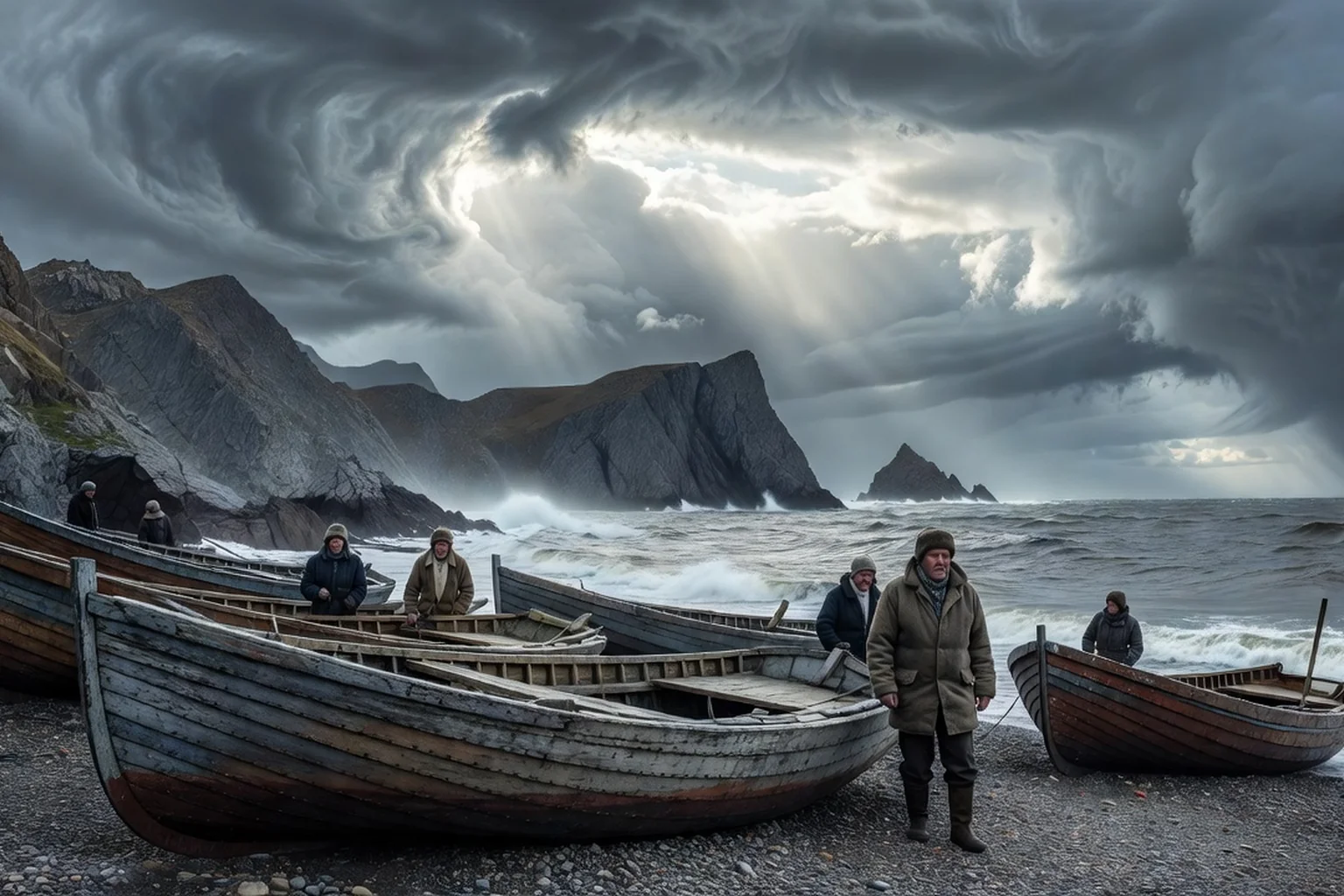 Barques de pêcheurs en bois échouées sur la grève de Teriberka, face aux falaises de la mer de Barents sous un ciel chargé