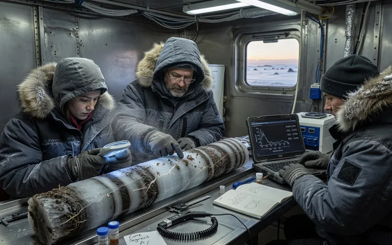 Cratere de thermokarst dans la toundra siberienne montrant les couches de permafrost expose