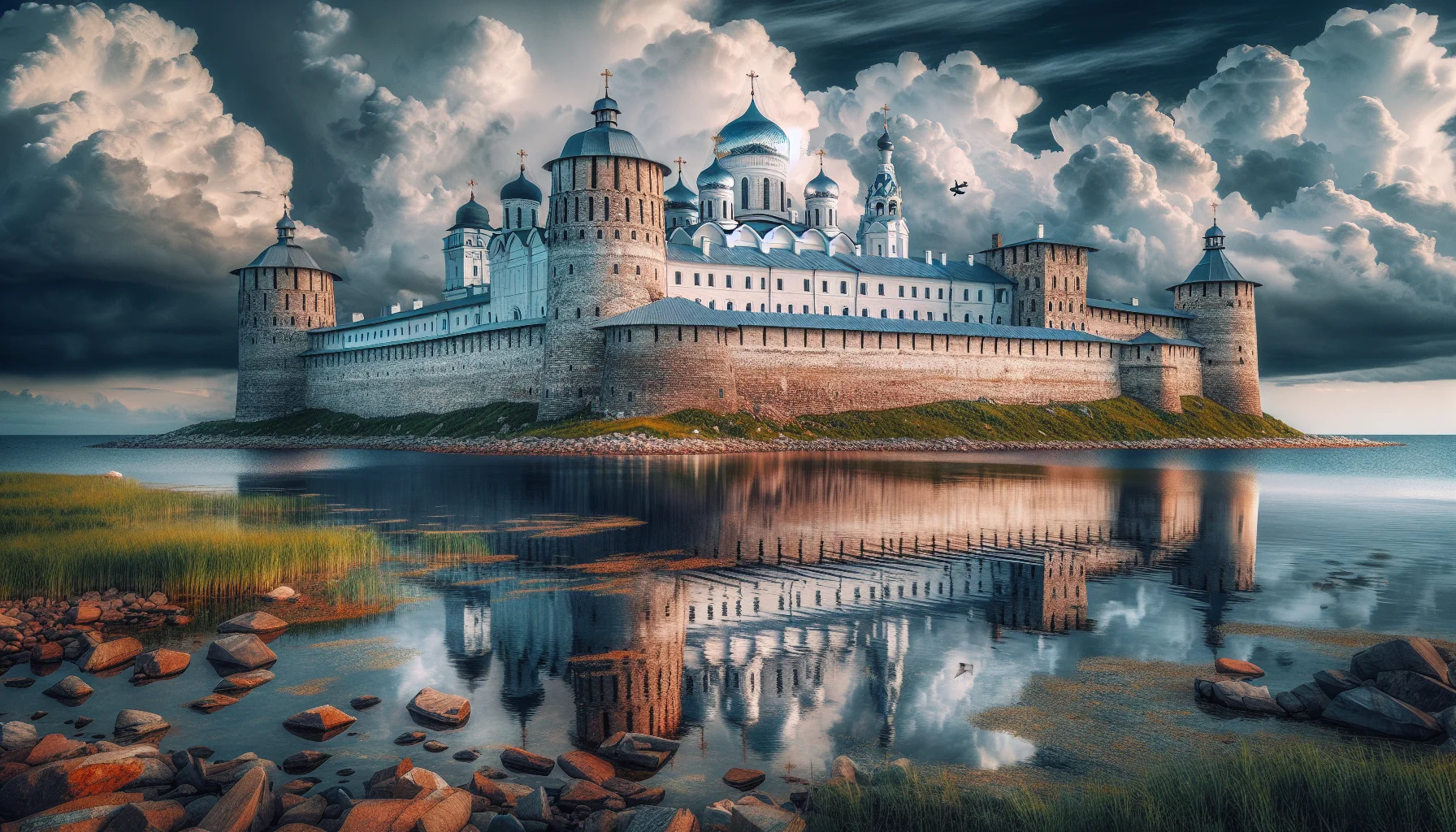 Monastere des iles Solovki au bord de la mer Blanche avec ses tours et murailles