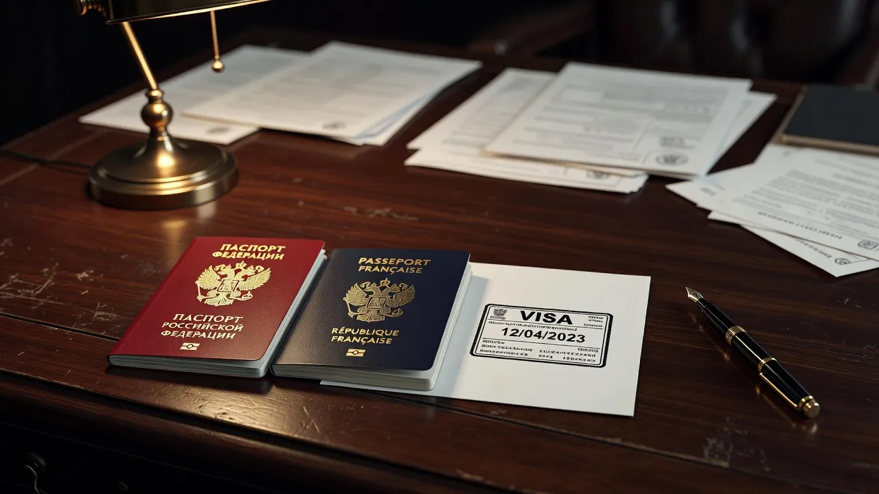 Passeport français avec formulaire de visa russe et documents officiels
