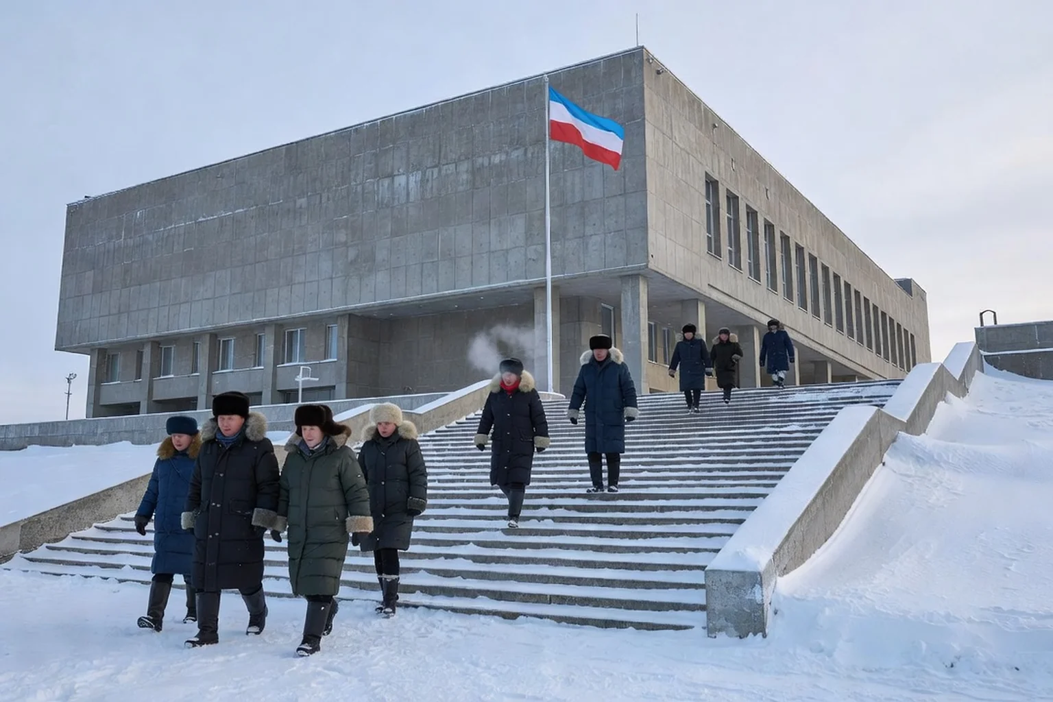 Bâtiment monumental soviétique du musée national de la République de Sakha à Yakoutsk, drapeau de la Sakha au vent, visiteurs en manteaux d'hiver montant l'escalier monumental