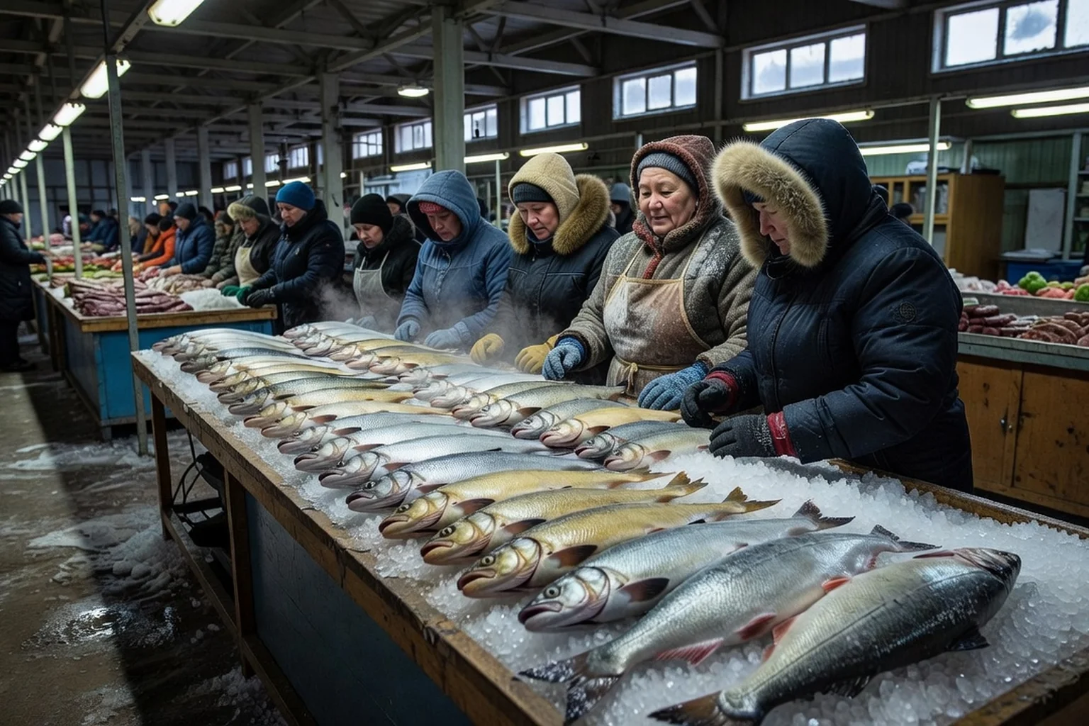 Etal de poissons congelés du marché central de Yakoutsk : muksun et omul alignés sur la glace, vendeuses en tabliers et clients en manteaux d'hiver