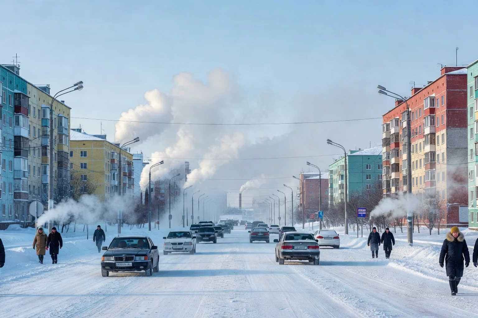Avenue principale de Yakoutsk en hiver entre immeubles soviétiques colorés et panaches de vapeur des tuyaux de chauffage